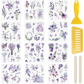 WANDIC 12 Sheets Rub On Transfer Stickers Purple Flower Decals Waterproof Decals for Journal Album, Furniture, Craft, DIY Scrapbooking