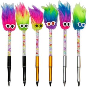 Maydahui 6PCS Fun Rainbow Fluffy Plush Ballpoint Pens with Fire Elements Small Diamond Pom Pom Pens Fuzzy Pens Blue Ink For Students Office School Carnival Party Favors