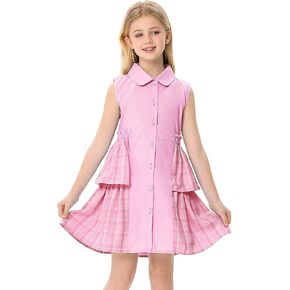 Little Girls Turn Down Collar Dresses Stitching Plaid Shirtdress Swing Ruffle Dress for 3-12 Years
