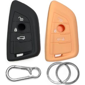 2-Pack Click&Fit Silicone Key Fob Covers Compatible with BMW 2008-2020 Series: 1 2 3 4 5 6 7, 2010-2022 X1 X2 X3 X4 X5 X6 – Car Remote Key Shell Rubber case 3-Buttons, Black+Beige