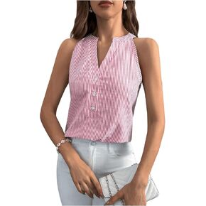 SHENHE Women's Striped Print Notched V Neck Button Down Sleeveless Blouse Top