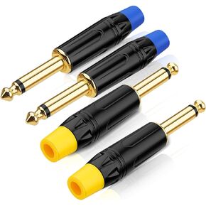 1/4 inch Mono Plugs 4-Pack, TS Solder Type DIY Audio Connector, Heavy Duty Quarter Inch Adapter 24K Gold-Plated for Guitar Cables, Instrument Cable (Black*2+Red*2)