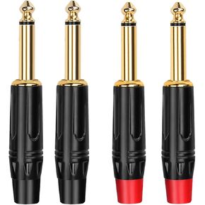 1/4 inch Mono Plugs 4-Pack, TS Solder Type DIY Audio Connector, Heavy Duty Quarter Inch Adapter 24K Gold-Plated for Guitar Cables, Instrument Cable (Black*2+Red*2)
