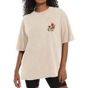 Oversized Vintage T Shirts for Women Skull Shirts Skeleton Gothic Graphic Acid Wash Tshirts Baggy Tee Crew Neck Tops