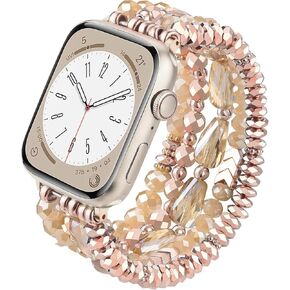 QINGQING Beaded Bracelet Compatible with Apple Watch Band 40mm/38mm/41mm Series 8/7/6/SE/5/4 Women Dressy Elastic Leopard Print Leather Watch Strap iWatch Bands Replacement Wristband Serie 3/2/1