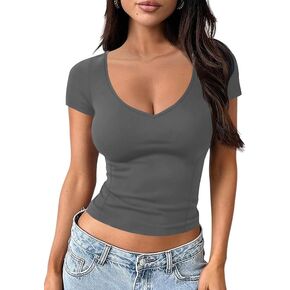 تي شيرت نسائي قصير الأكمام من Ivicoer برقبة على شكل حرف V عميق قصير للخروج ملابس علوية لطيفة للنساء أساسيات تي شيرت ملابس صيفية عصرية in Kuwait