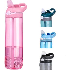 SHELFLOVER Black Water Bottle With Narrow Straw, BPA FREE Clear Bottles With Handle One Hand Use Easy Carried, Flip Up, Suit School, Office, Gym, Office, 24oz (750ml), SLWB24OZP