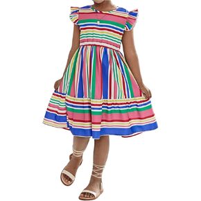 Floerns Girl's Rainbow Stripe Print High Waisted A Line Ruffle Sleeve Midi Dress