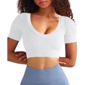 TZLDN Womens Short Sleeve V Neck Crop Tops Workout Fitted Gym Shirts Compression Athletic Seamless Ribbed Yoga Sports Top in Kuwait