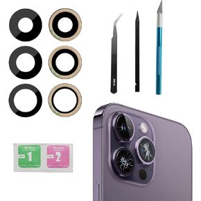 3pcs/Set 14 Pro Rear Back Camera Glass Lens Replacement for iPhone 14 Pro Camera Glass Lens Covers Replacement with Adhesive Preinstalled + Replacement Repair Tool kit Set