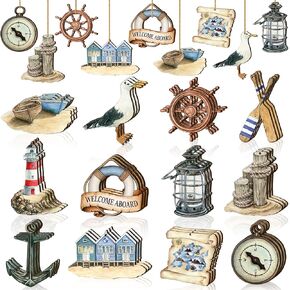 Maitys 36 Pcs Ocean Wooden Ornaments Beach Tree Decorations Coastal Nautical Navigation Wooden Cutouts Christmas Hanging Ornaments Christmas Decorations for Home Tree Party Office(Beach)