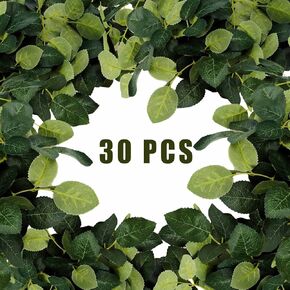 30PCS Bulk Artificial Green Rose Leaves Fake Plant Leaf Silk Greenery Fake Rose Leaves for Wedding Bouquets Birthday Party Decorations