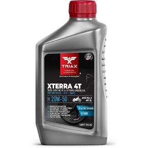زيت دراجة نارية Triax Xterra 4T 20W-50 استر صناعي كامل VTWIN، محسن ومعدل الاحتكاك JASO MA-2 API SN، SL، SM، قوة فيلم محسنة وثبات درجة الحرارة العالية (1 Qt)