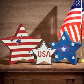 4th of July Decorations Decor: 3PC July 4th Patriotic Rustic Wooden Star Sign Vintage, Americana Decor Memorial Independence Day Table Home School Stars Wood Set, Farmhouse Red White Blue