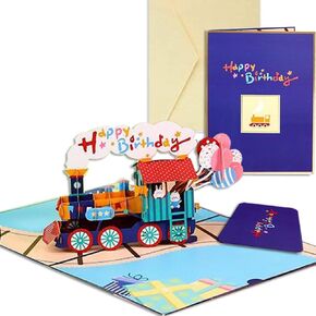 3D Pop Up Funny Happy Birthday Card for Kids Boys Him Grandson Son Men boyfriend Friends,Popup Cartoon Train Greeting Cards Gift with Envelope & Removable Note Card, Anniversary Celebration