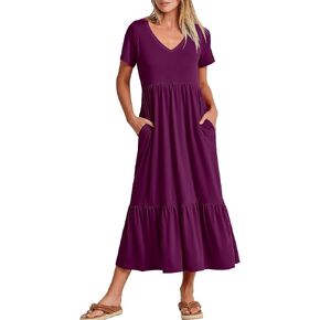 Women's Summer Casual Short Sleeve V Neck Swing Dress Casual Flowy Tiered Maxi Beach Dress with Pockets