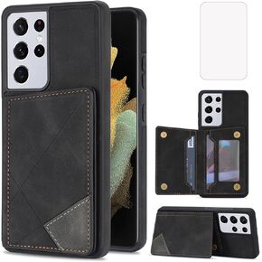 Galaxy S21 Ultra 5G Case, Design for Samsung S21U Wallet Phone Cases with Screen Protector PU Leather Kickstand Card Holder Slots Magnetic Back Flip Folio Protective Cover for Women Men 6.8 inch Black