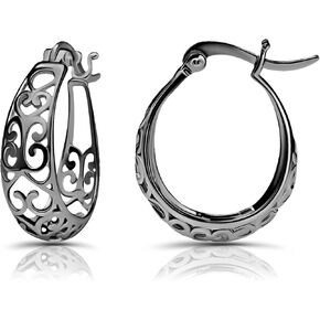 Hoops & Loops 925 Sterling Silver Heart Filigree 20mm Oval Hoop Earrings for Women and Teen Girls, Silver, Yellow, Rose Gold, Black