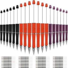 Whaline 24Pcs Beadable Pen Black Gold Silver Bead Ballpoint Pen Gel Ink Pen Retractable Writing Pens with Extra Refills for DIY Crafts Office School Gifts Party Supplies