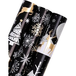WRAPAHOLIC Christmas Wrapping Paper Roll - Mini Roll - 3 Rolls - 17 Inch X 120 Inch Per Roll - Black and Gold Reindeer Family, Snowflake Holiday Collection with Metallic Foil Shine