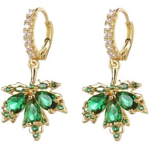 Fashion Maple Leaf Dangle Hoop Earrings Cubic Zirconia Green Crystal Leaves Drop Cartilage Small Huggie Hoops Earring Wrap Cuffs Dainty Jewelry Birthday Gifts for Women Girls
