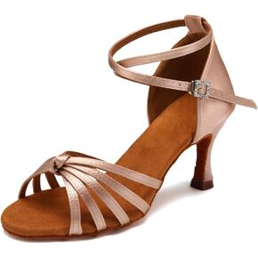 Women Latin Dance Shoes Satin Professional Ballroom Salsa Practice Performance Dance Shoes, Model EM-217GB-7cm