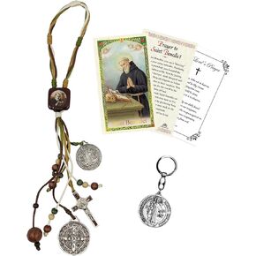 St Benedict Catholic House Blessing - with Saint Benedict Of Nursia Card, Keychain, The Lord's Prayer | Holy Patron Saint of Europe San Benito Home Door Hanger, Cards, Key Chain | 4 Items Kit
