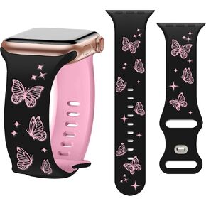 Butterfly Two-Tone Engraved Bands Compatible with Apple Watch 38mm 40mm 41mm 42mm 44mm 45mm 49mm For Girls Women, Soft Silicone Butterflies Sport Strap for iWatch Ultra Series 9 8 7 6 5 4 3 2 1 SE