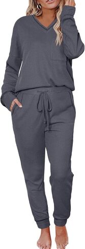 Womens Pajama Sets Waffle Knit 2 Piece Lounge Sets Sleepwear Loungewear Pjs Sets Long Sleeve V Neck Top and Pant Fall in Saudi Arabia