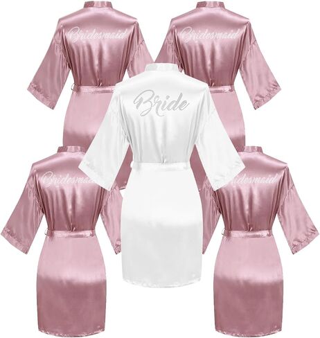 5 Pcs Bride & Bridesmaid Satin Robe, Silky Kimono Bridal Wedding Party Robes Sleepwear in Saudi Arabia