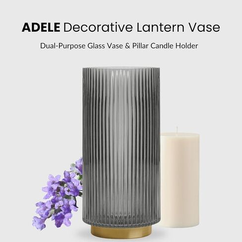 Torre & Tagus Adele Emerald Green Glass Vase with Gold Metal Base - Premium Clear Glass Cylinder Vase for Decor & Ribbed Glass Vase for Flowers, Emerald Green and Gold Decor for Table Centerpiece in Saudi Arabia