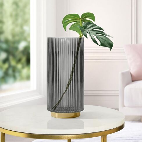 Torre & Tagus Adele Emerald Green Glass Vase with Gold Metal Base - Premium Clear Glass Cylinder Vase for Decor & Ribbed Glass Vase for Flowers, Emerald Green and Gold Decor for Table Centerpiece in Saudi Arabia