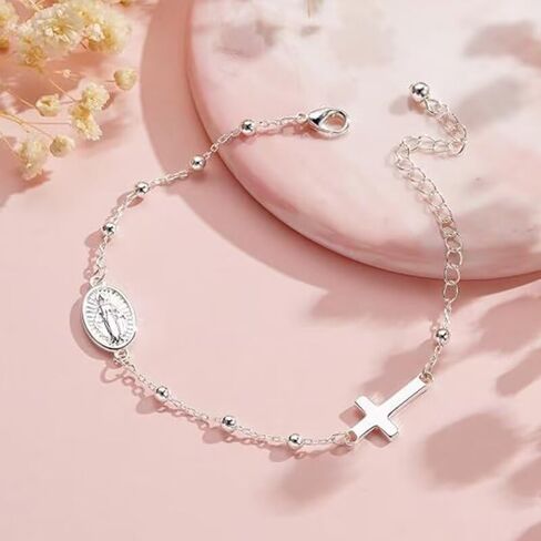 First Communion Confirmation Gifts Bracelet Silver Gold Plated Virgin Mary Cross Charm Link Chain Bracelet Rosary Beads Bracelet for Sister Catholic Jewelry Gifts in Saudi Arabia