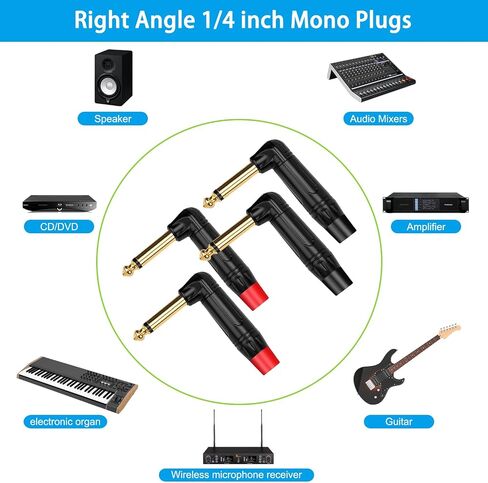 1/4 inch Mono Plug Right Angle 4-Pack, DIY 1/4 inch TS Solder Type Audio Connector, Heavy Duty Quarter Inch Adapter 24K Gold-Plated for Guitar Cables, Instrument Cable (Black*2+Red*2) in Saudi Arabia