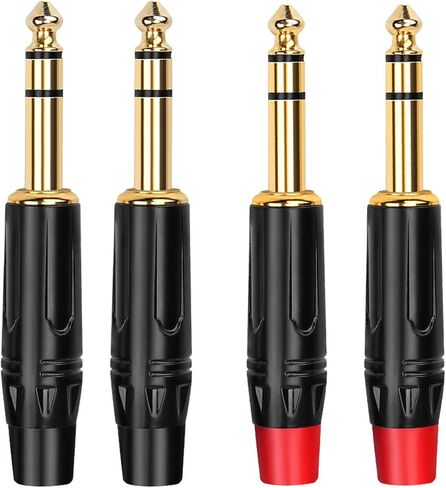 1/4 inch Mono Plug Right Angle 4-Pack, DIY 1/4 inch TS Solder Type Audio Connector, Heavy Duty Quarter Inch Adapter 24K Gold-Plated for Guitar Cables, Instrument Cable (Black*2+Red*2) in Kuwait