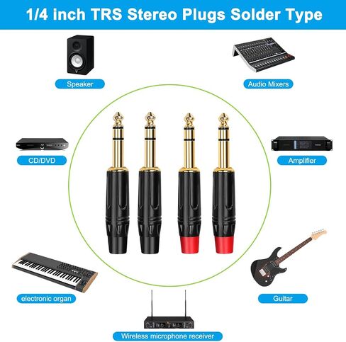 1/4 inch Mono Plug Right Angle 4-Pack, DIY 1/4 inch TS Solder Type Audio Connector, Heavy Duty Quarter Inch Adapter 24K Gold-Plated for Guitar Cables, Instrument Cable (Black*2+Red*2) in Kuwait