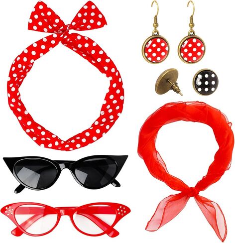 6 Pack 50s Accessories for Women, 1950’s Women Accessories - Chiffon Scarf Glasses Bandana Tie Headband Earrings (Black) in Saudi Arabia