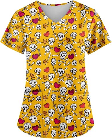 Unisex V-Neck Skull Print Loose Fit Short Sleeve Scrub Shirts Nursing Tops with Pockets in Saudi Arabia