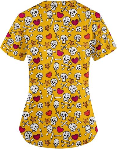 Unisex V-Neck Skull Print Loose Fit Short Sleeve Scrub Shirts Nursing Tops with Pockets in Saudi Arabia