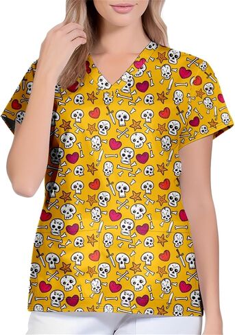 Unisex V-Neck Skull Print Loose Fit Short Sleeve Scrub Shirts Nursing Tops with Pockets in Saudi Arabia