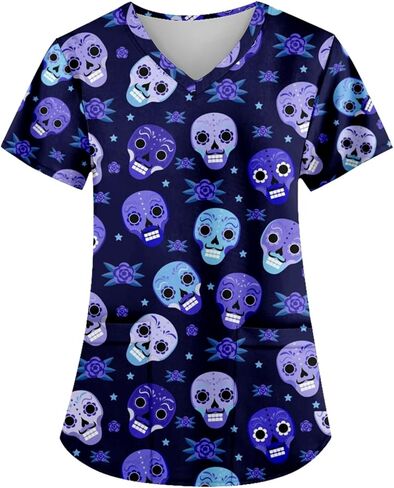 Unisex V-Neck Skull Print Loose Fit Short Sleeve Scrub Shirts Nursing Tops with Pockets in Saudi Arabia