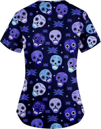 Unisex V-Neck Skull Print Loose Fit Short Sleeve Scrub Shirts Nursing Tops with Pockets in Saudi Arabia
