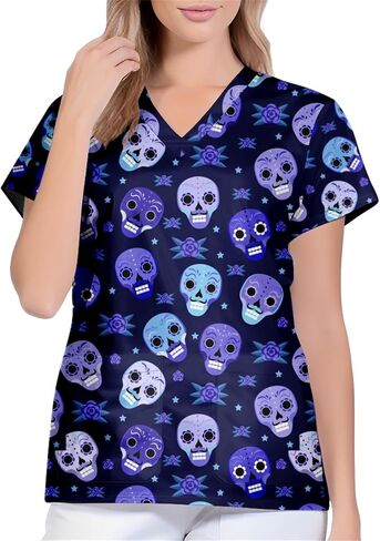 Unisex V-Neck Skull Print Loose Fit Short Sleeve Scrub Shirts Nursing Tops with Pockets in Saudi Arabia