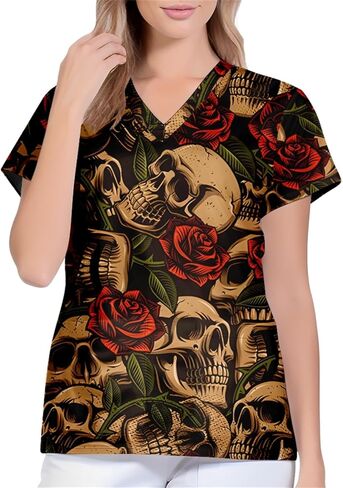 قمصان للجنسين برقبة على شكل حرف V وطبعة جمجمة فضفاضة وأكمام قصيرة وقمصان للرضاعة مع جيوب in Kuwait