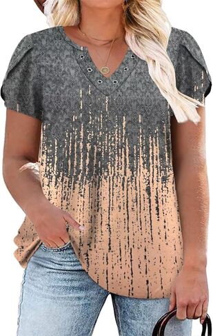 DOLNINE Womens Plus Size Tops Basic Casual T-Shirts Ring Hole V Neck Petal Short Sleeve Tee Tunics in Kuwait