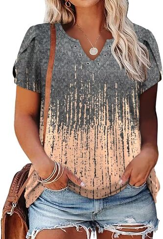 DOLNINE Womens Plus Size Tops Basic Casual T-Shirts Ring Hole V Neck Petal Short Sleeve Tee Tunics in Kuwait