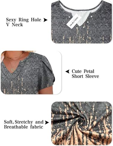 DOLNINE Womens Plus Size Tops Basic Casual T-Shirts Ring Hole V Neck Petal Short Sleeve Tee Tunics in Kuwait