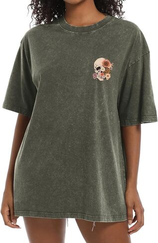 تي شيرت عتيق كبير الحجم للنساء قمصان على شكل جمجمة تيشيرتات ذات هيكل عظمي قوطي جرافيك حمضي تي شيرت فضفاض تي شيرت برقبة دائرية in Kuwait