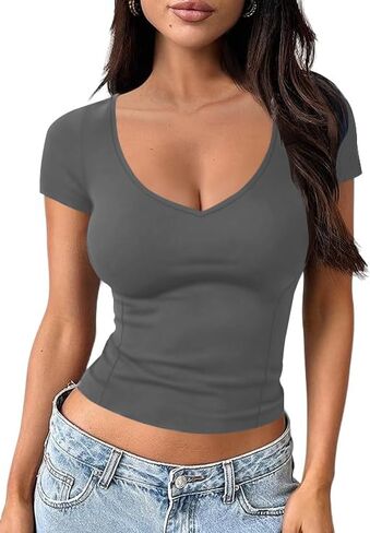 تي شيرت نسائي قصير الأكمام من Ivicoer برقبة على شكل حرف V عميق قصير للخروج ملابس علوية لطيفة للنساء أساسيات تي شيرت ملابس صيفية عصرية in Kuwait