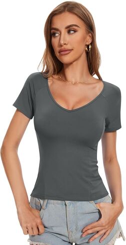 تي شيرت نسائي قصير الأكمام من Ivicoer برقبة على شكل حرف V عميق قصير للخروج ملابس علوية لطيفة للنساء أساسيات تي شيرت ملابس صيفية عصرية in Kuwait